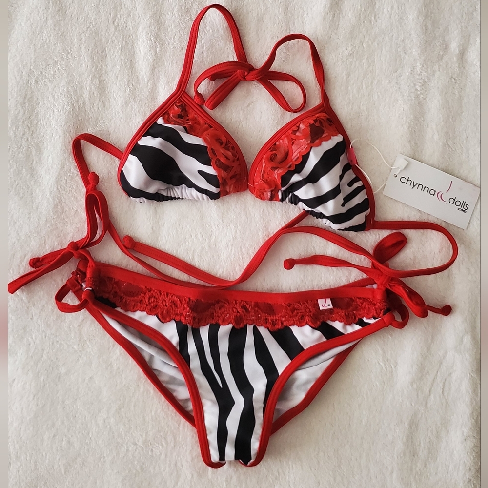 Chynna Dolls Red Lace and Black Zebra Bikini